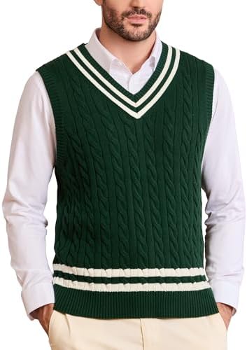 Kallspin Men's Sweater Vest Pure Cotton V Neck Knit Sleeveless Vest Preppy College Style Cable Knit Vest for Men