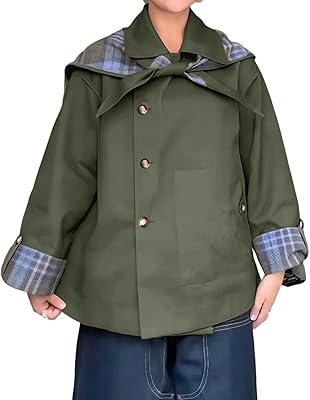 CHARTOU Womens Short Trench Coats Fall Notch Collar Plaid Reversible Oversized Jacket with Pockets