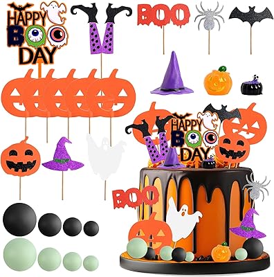 Halloween Cake Decorations, Halloween Cake Topper with Pumpkins, Witch Hat, Ghost, Bat, Spider, BOO Signs for Spooky Trick-or-Treat Party Supplie, Cupcake & Dessert Decoration